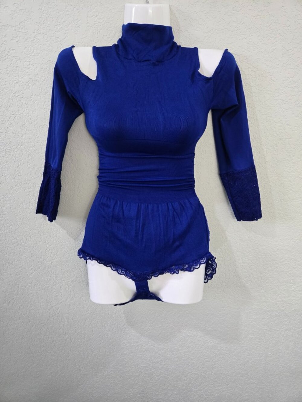 Navy Lace-Trim Long Sleeve Bodysuit